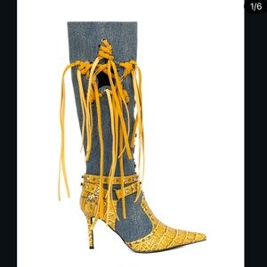 Yello Tokyo - Edgy Yellow Croc Fringe Studded Crystal Y2K Denim Heeled Boots